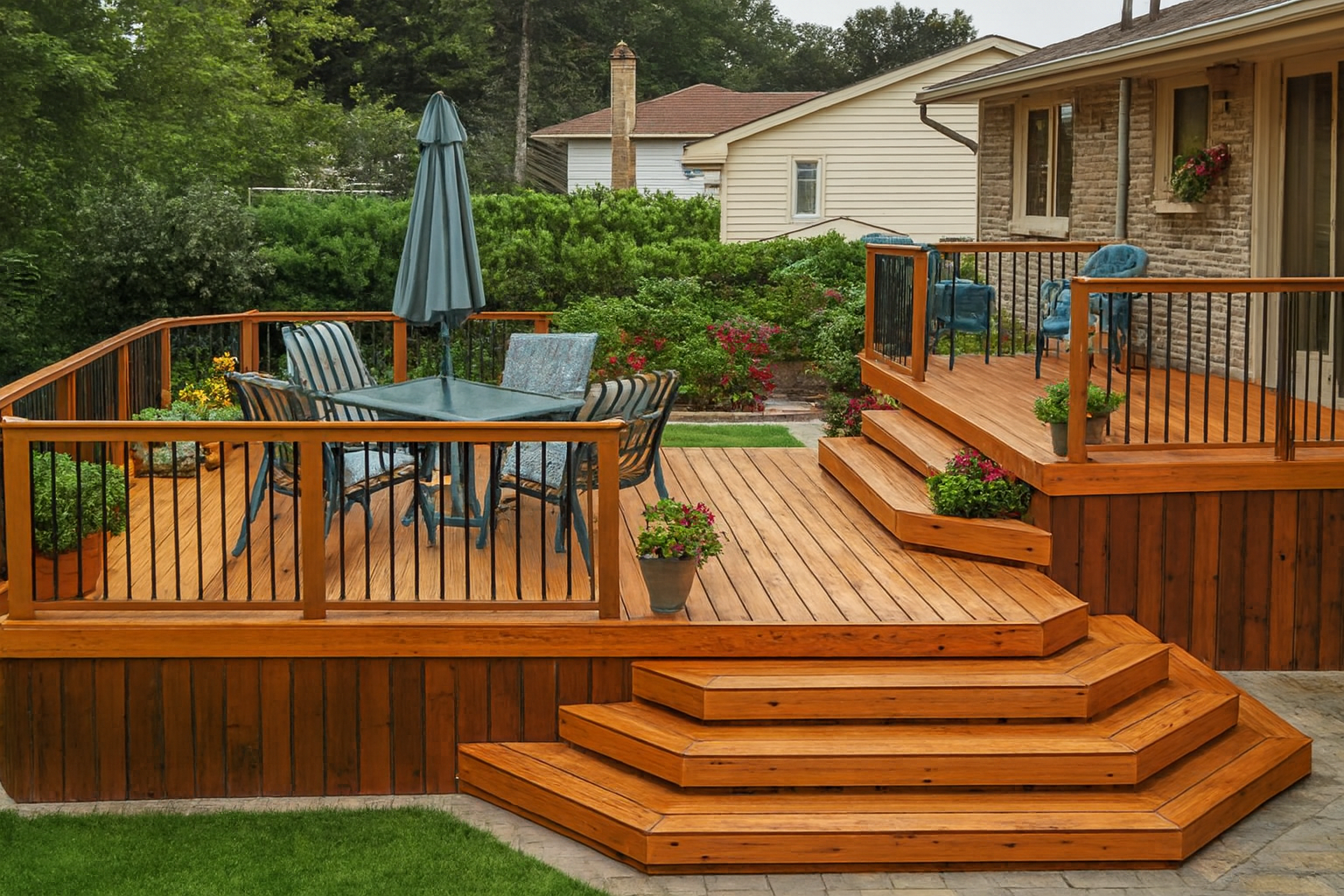 Custom deck with integrated covered patio and pergola in Austin home