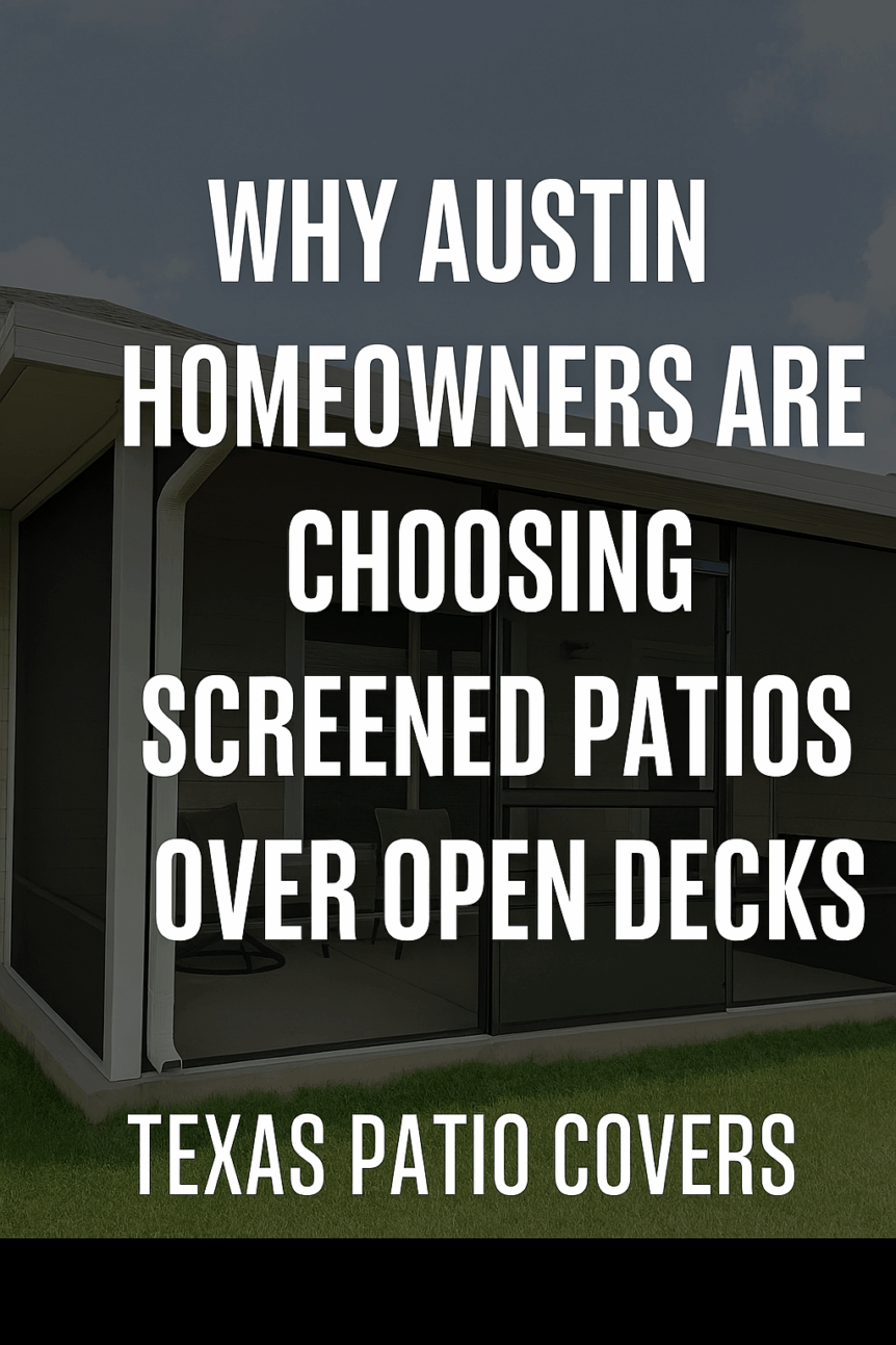 A modern screened patio with aluminum framing, outdoor furniture, and a relaxed Austin vibe.